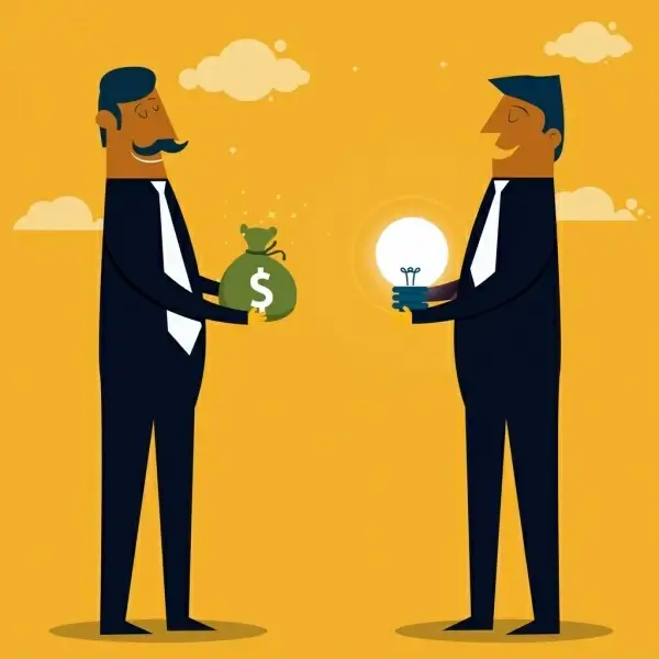 trading concept drawing businessmen money lightbulb icons