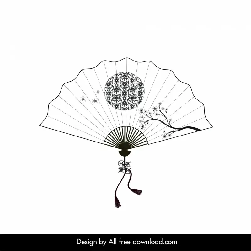 traditional japanese fan icon black white cherry blossom sun outline