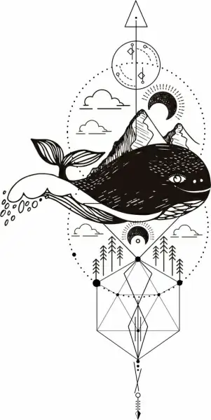 traditional tattoo design elements whale mountain moon icons