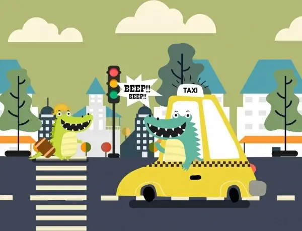 traffic background funny stylized crocodile car road icons