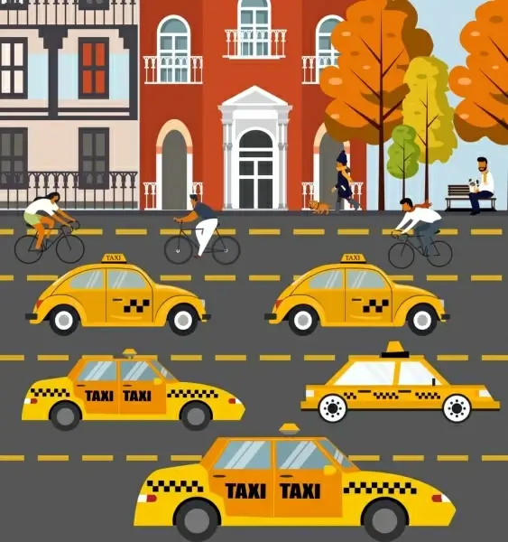 traffic background taxi cars cyclists pedestrian icons decor