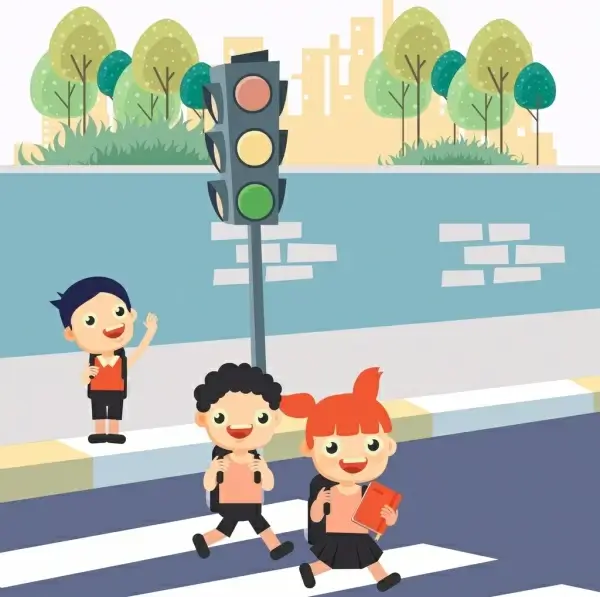 traffic banner children light pole icons colored cartoon