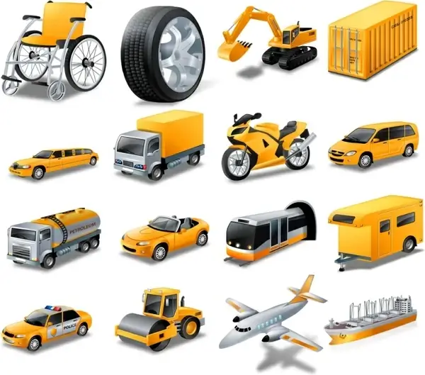 transport icons collection yellow realistic style design
