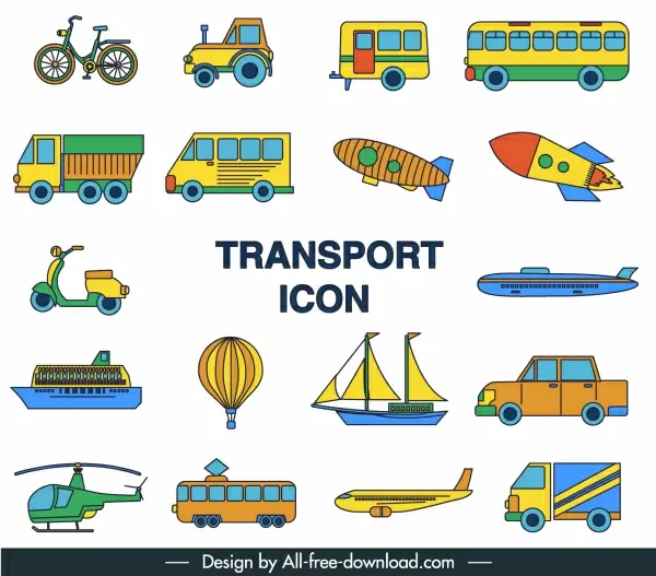transportation icons colorful flat symbols sketch