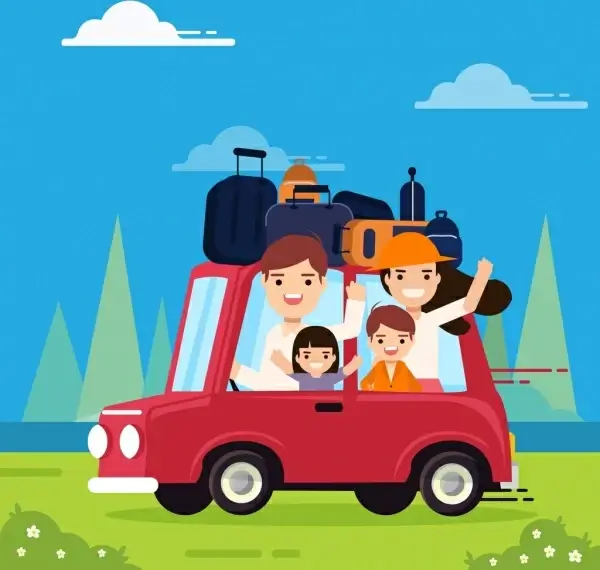 travel background family car luggage icons cartoon design