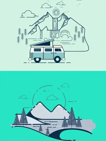 travel banner car mountain icon outline