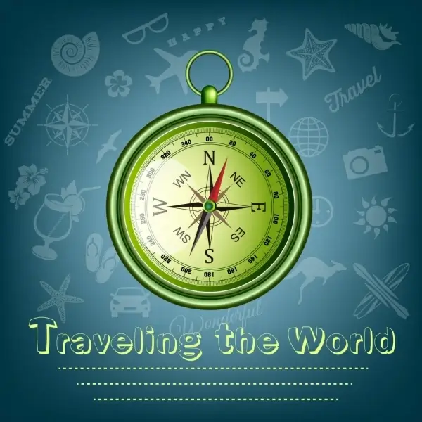 travel banner compass icon shiny green design