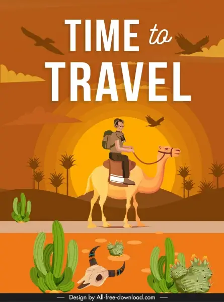 travel banner hiker camel desert sketch colored classic