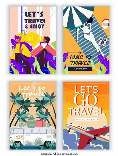 travel banners templates bus airplane tourists sketch