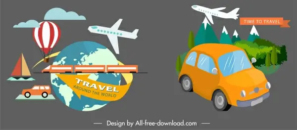 travel design elements vehicles globe landscape sketch