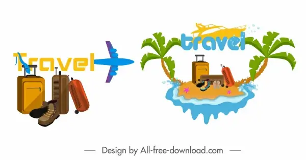 travel icons airplane luggage island sketch colorful design