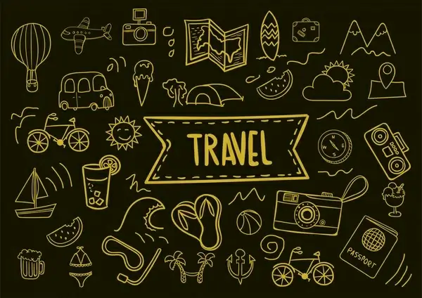 travel icons collection hand drawn dark background style