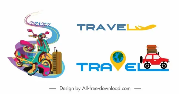 travel icons colored vehicles texts decor