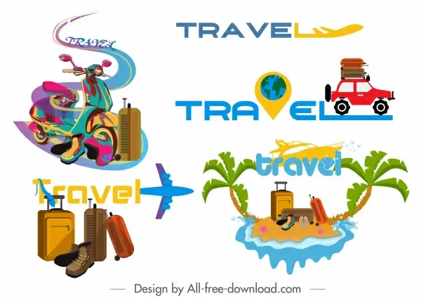 travel icons vehicles luggages island sketch