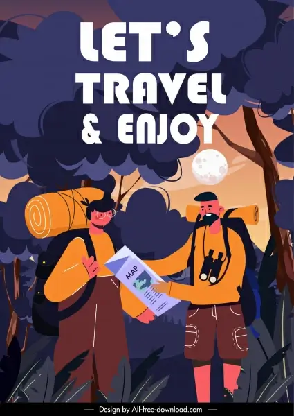 travel poster backpackers forest scene cartoon design