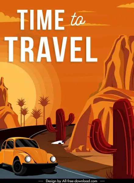 travel poster car desert road scene classic design
