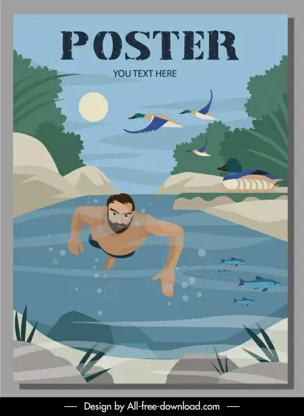 travel poster diving man stream scene cartoon design