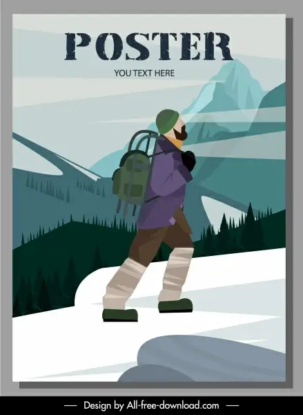 travel poster template hiker mountain scene sketch