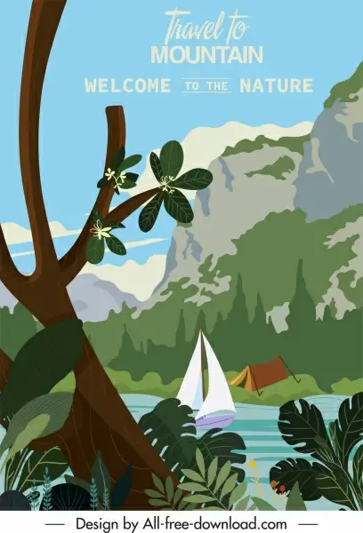 travel poster template mountain river sailboat tent decor