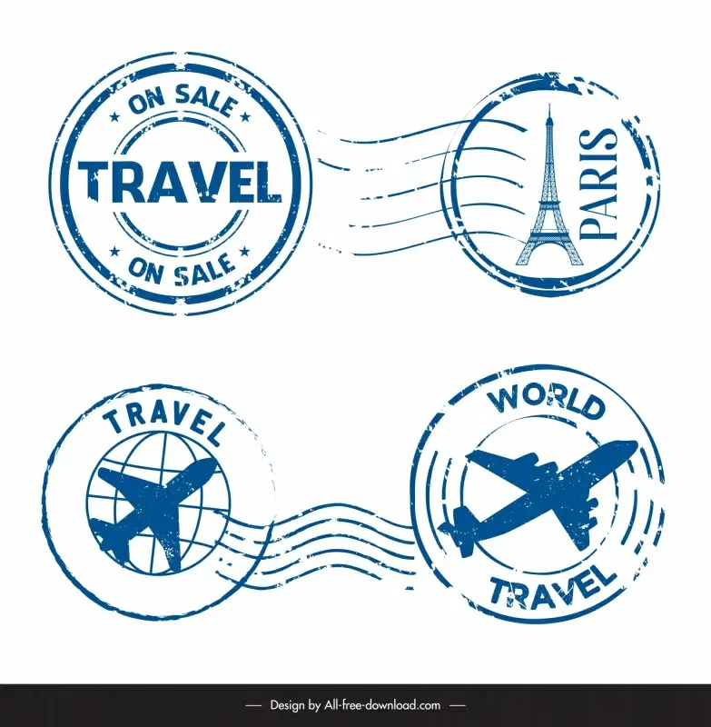 travel stamps collection flat circles tour symbols