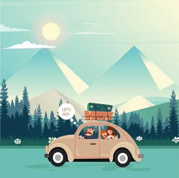 travel theme family car mountain icon colored cartoon