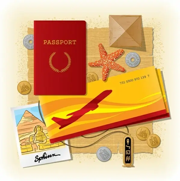travel background passport ticket postcard coins starfish icons