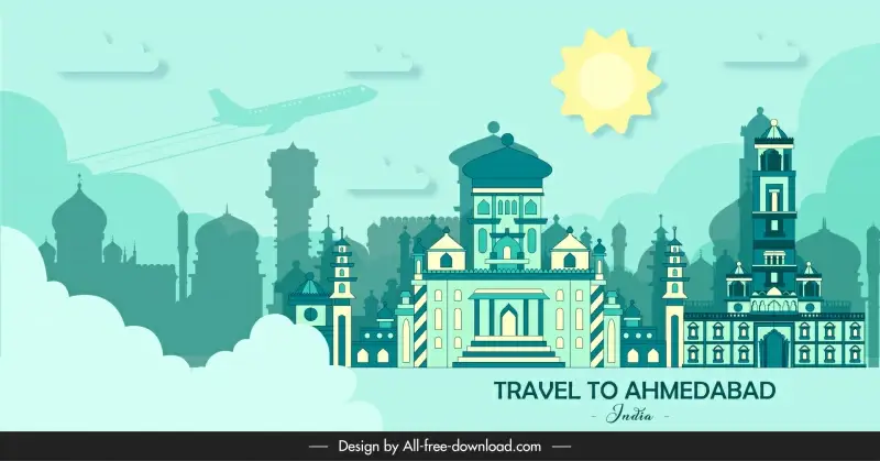 travel to ahmedabad banner traditional indian architecture clouds sketch