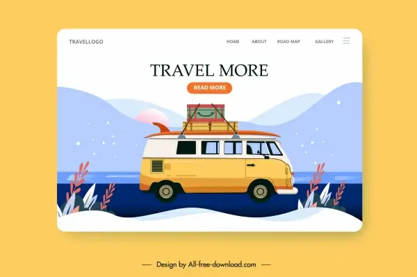travel web template bus luggage mountain scene sketch