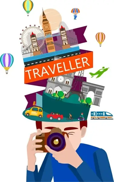traveler icon various famous destinations and camera style