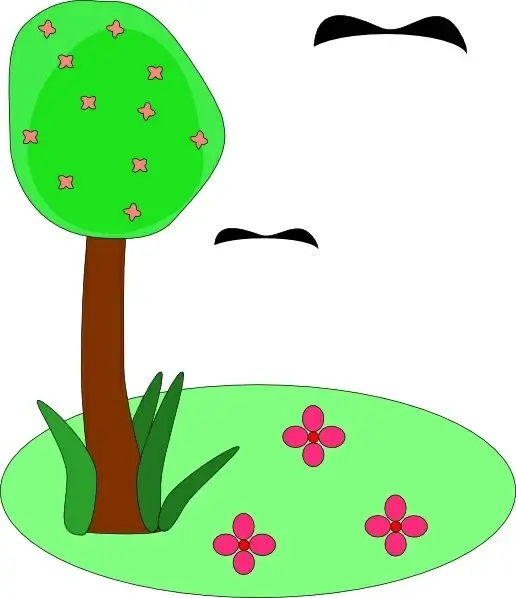 Tree Birds Flowers Cartoon clip art