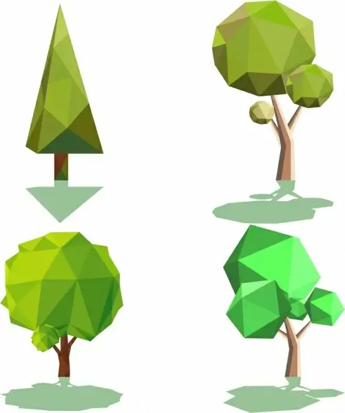 tree icons collection 3d colored polygonal design