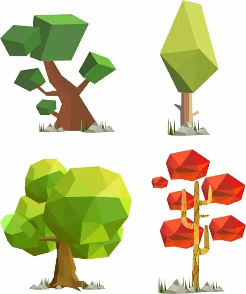 tree icons collection 3d polygonal decoration