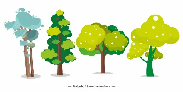 tree icons colored classical handdrawn design