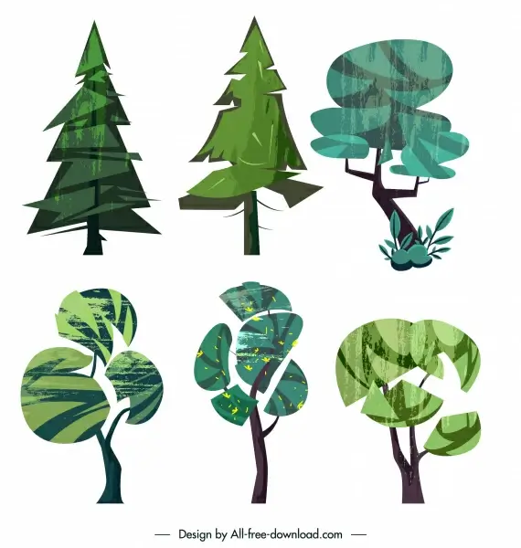 tree icons colored retro handdrawn sketch