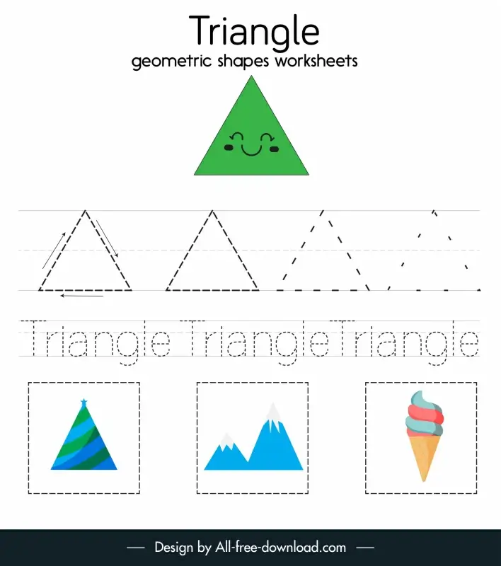 triangle geometric tracing worksheet for kid template flat hat mountain ice cream sketch