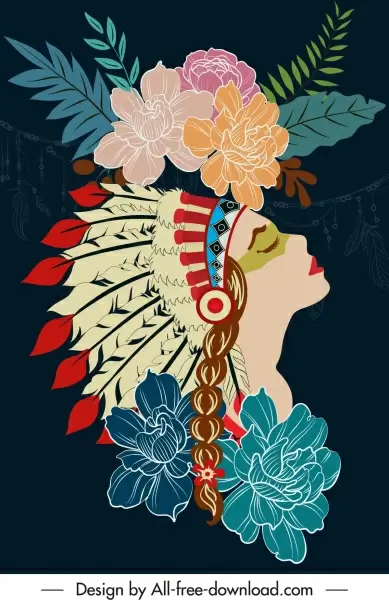 tribal background dark colorful classic flowers woman decor