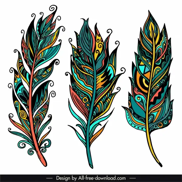 tribal feather icons colorful classical handdrawn sketch