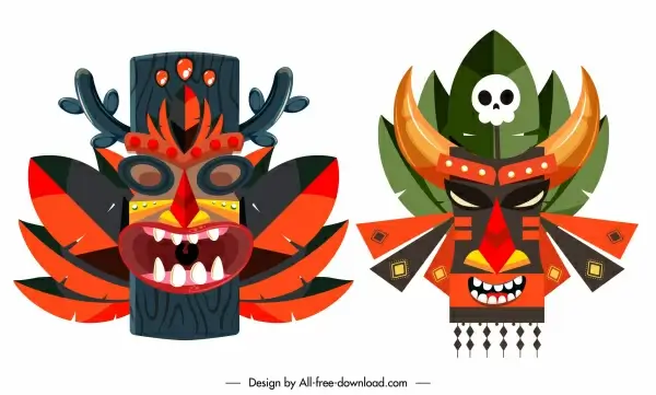 tribal mask icons colorful classic symmetric decor