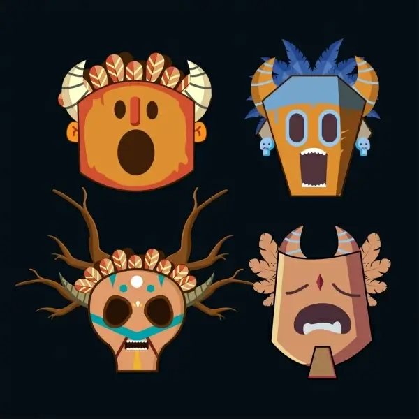tribal masks icons collection various scary types
