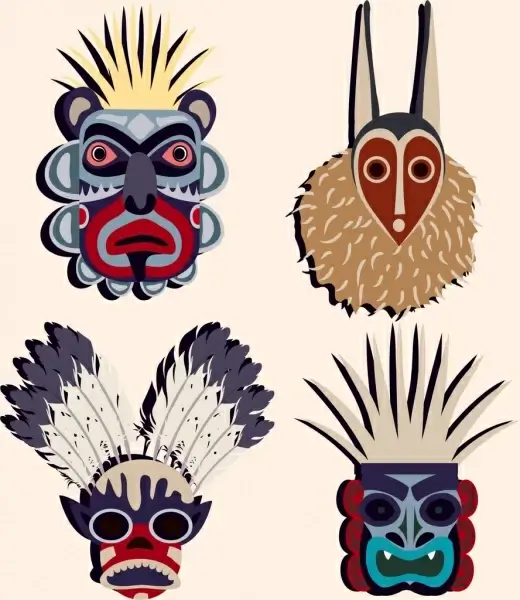 tribal masks icons scary colorful types isolation