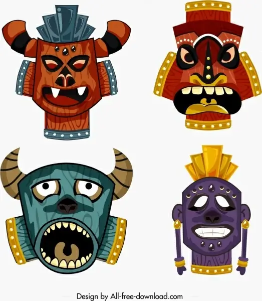 tribal masks templates colorful design horror ornament