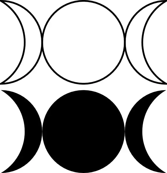 Triple Goddess Symbol (waxing Crescent, Full Moon, Waning Crescent)Outlined And Filled Versions clip art