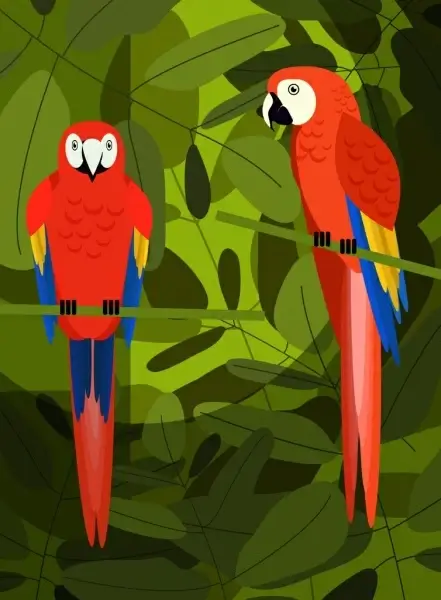 tropical background green leaves red parrots icons decor