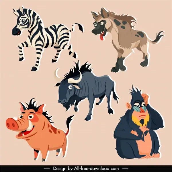 tropical wild animals icons colored cartoon sketch