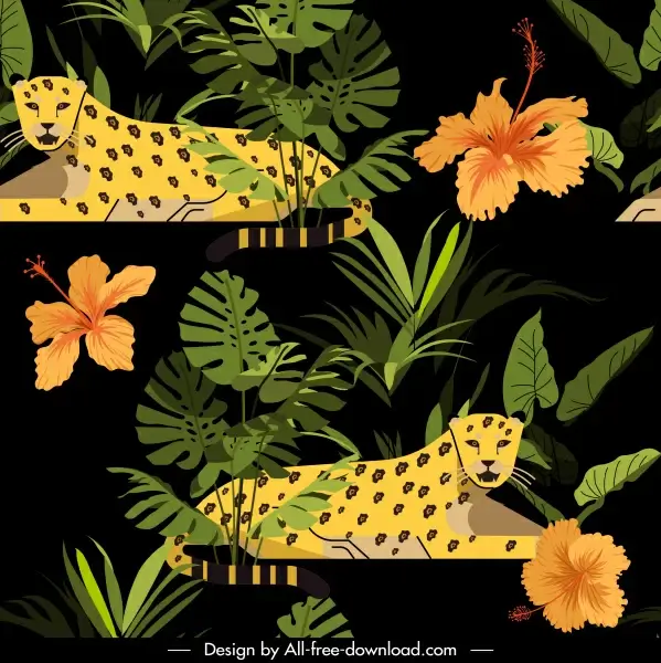 tropical wildlife pattern leopard hibiscus sketch dark design