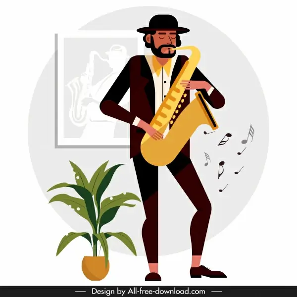 trumpet player icon colored cartoon character performing gesture