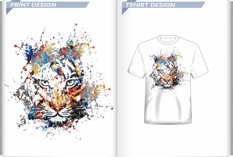 tshirt template grunge tiger face sketch colors splashing decor 