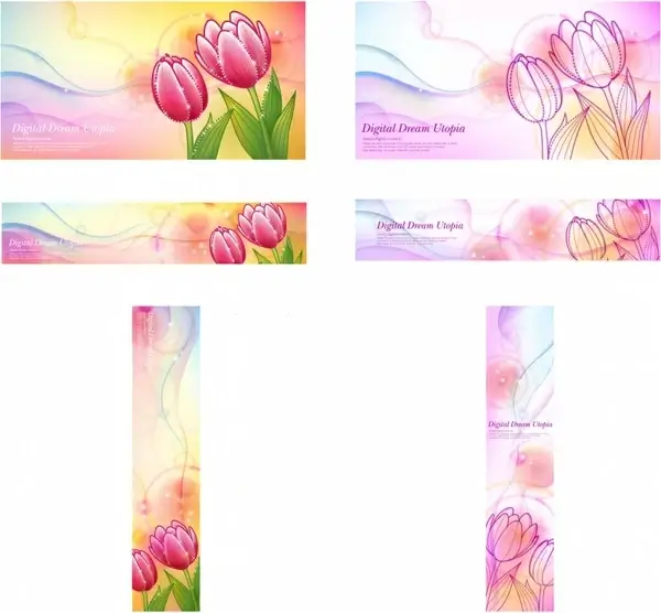 flower background sets tulip icon sketch multicolored decor