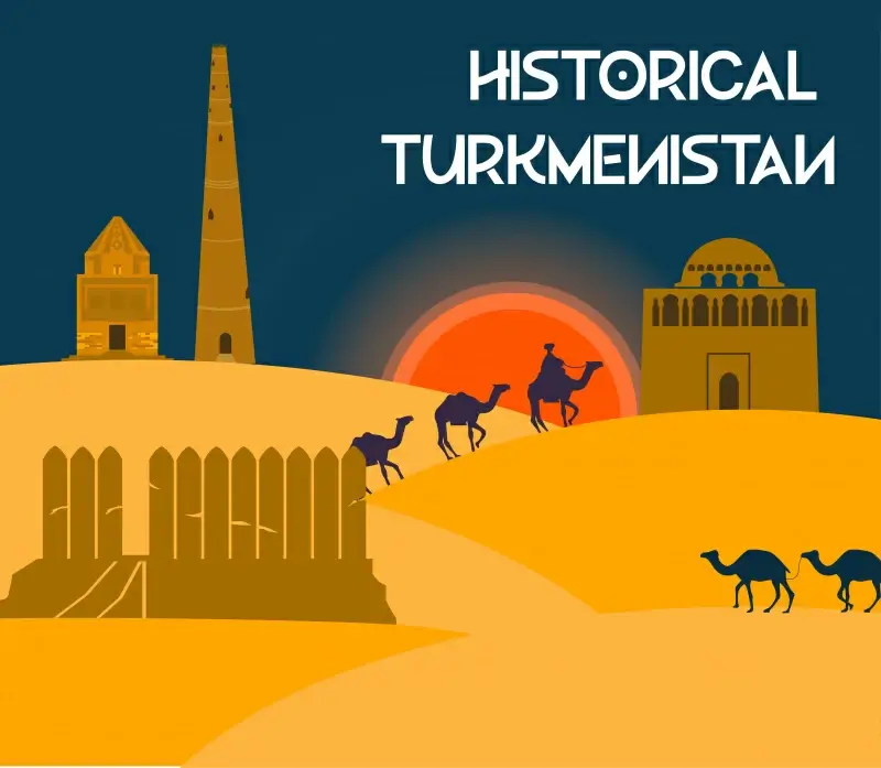 turkmenistan history banner template silhouette design oriental architecture desert scene sketch