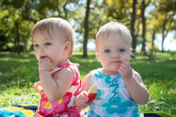 twins eating apples